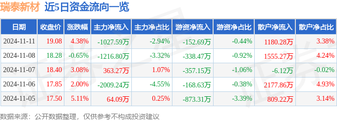 股票行情快报：瑞泰新材（301238）11月11日主力资金净卖出102759万元(图1)