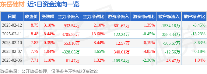 股票行情快报：东岳硅材（300821）2月12日主力资金净买入93254万元(图1)