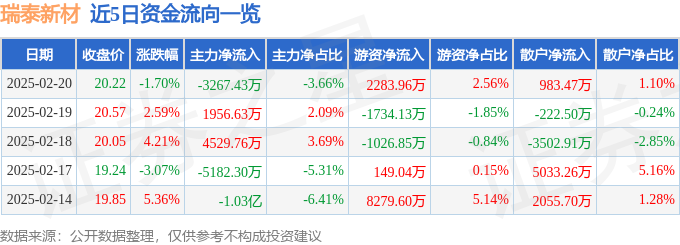 瑞泰新材（301238）2月20日主力资金净卖出326743万元(图1)