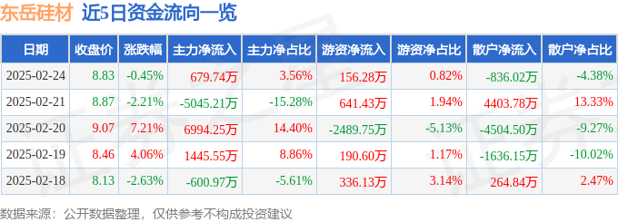 股票行情快报：东岳硅材（300821）2月24日主力资金净买入67974万元(图1)